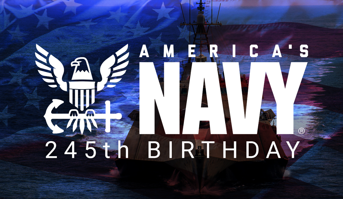 U.S. Navy Logo with American Flag and batteship in the background